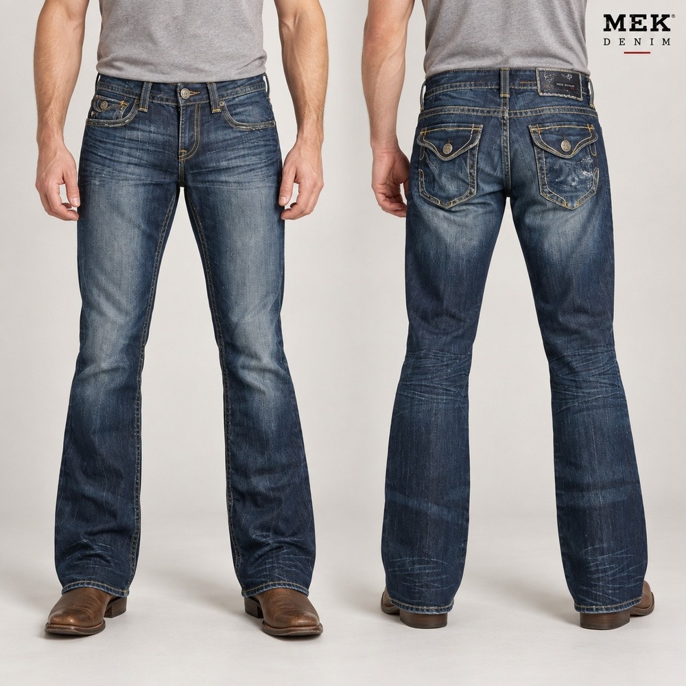 MEK Denim Tacoma Boot Cut Jeans Mens 28x32 Dark Wash Distressed Stretch Denim